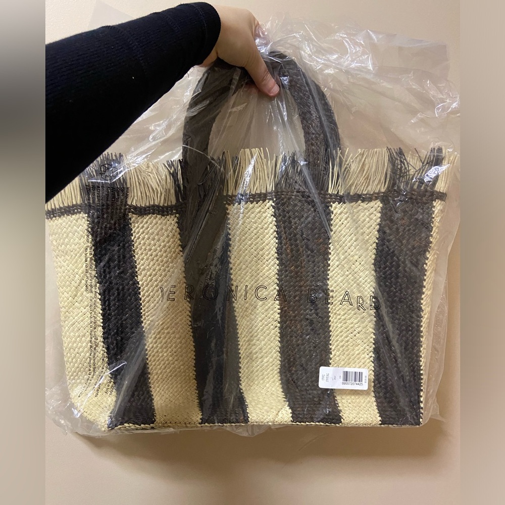 Veronica Beard Straw Fringe Striped Bag